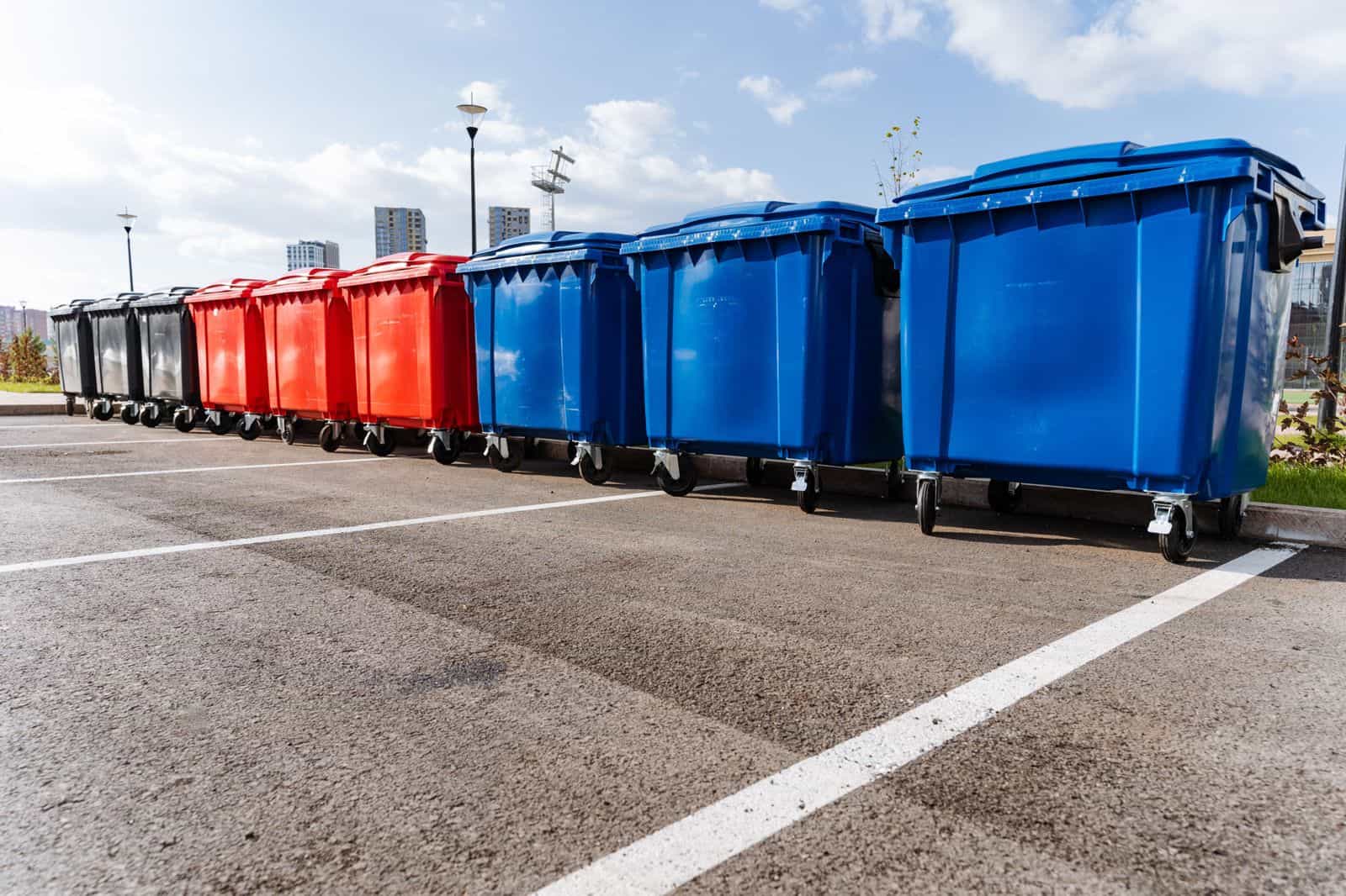 A row of commercial wheelie bins in black, red and blue lined up outside business premises A row of commercial wheelie bins in black, red and blue lined up outside business premises