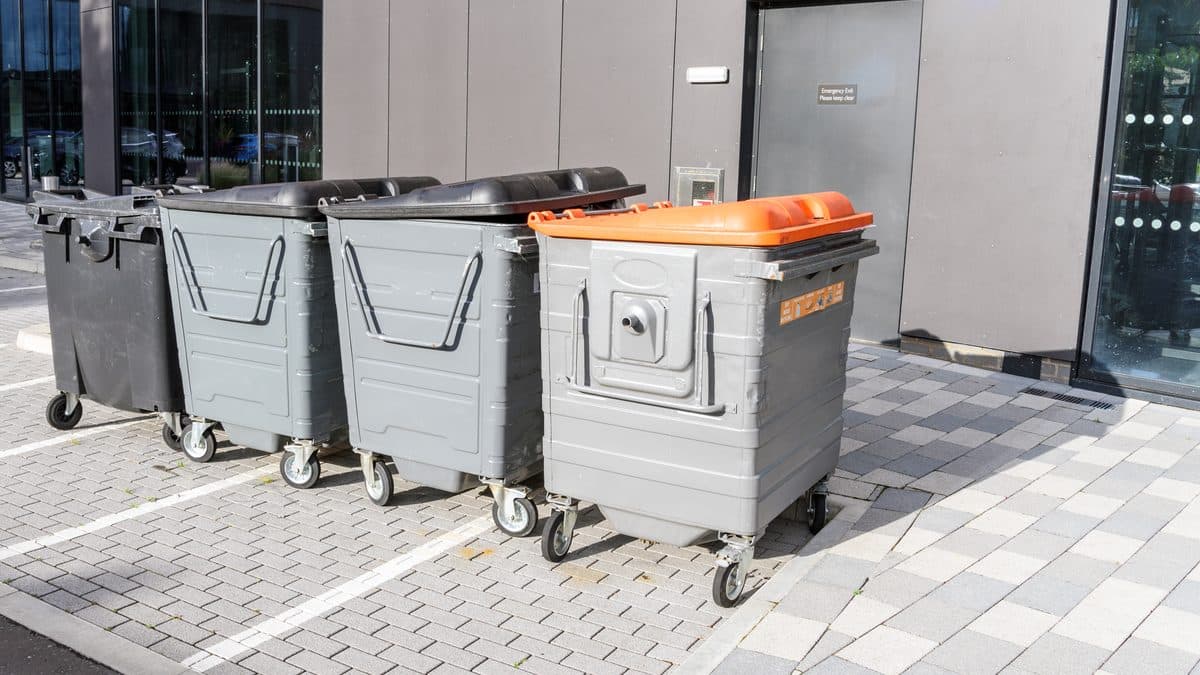 Mixed commercial waste bins lined up outside an office building Mixed commercial waste bins lined up outside an office building