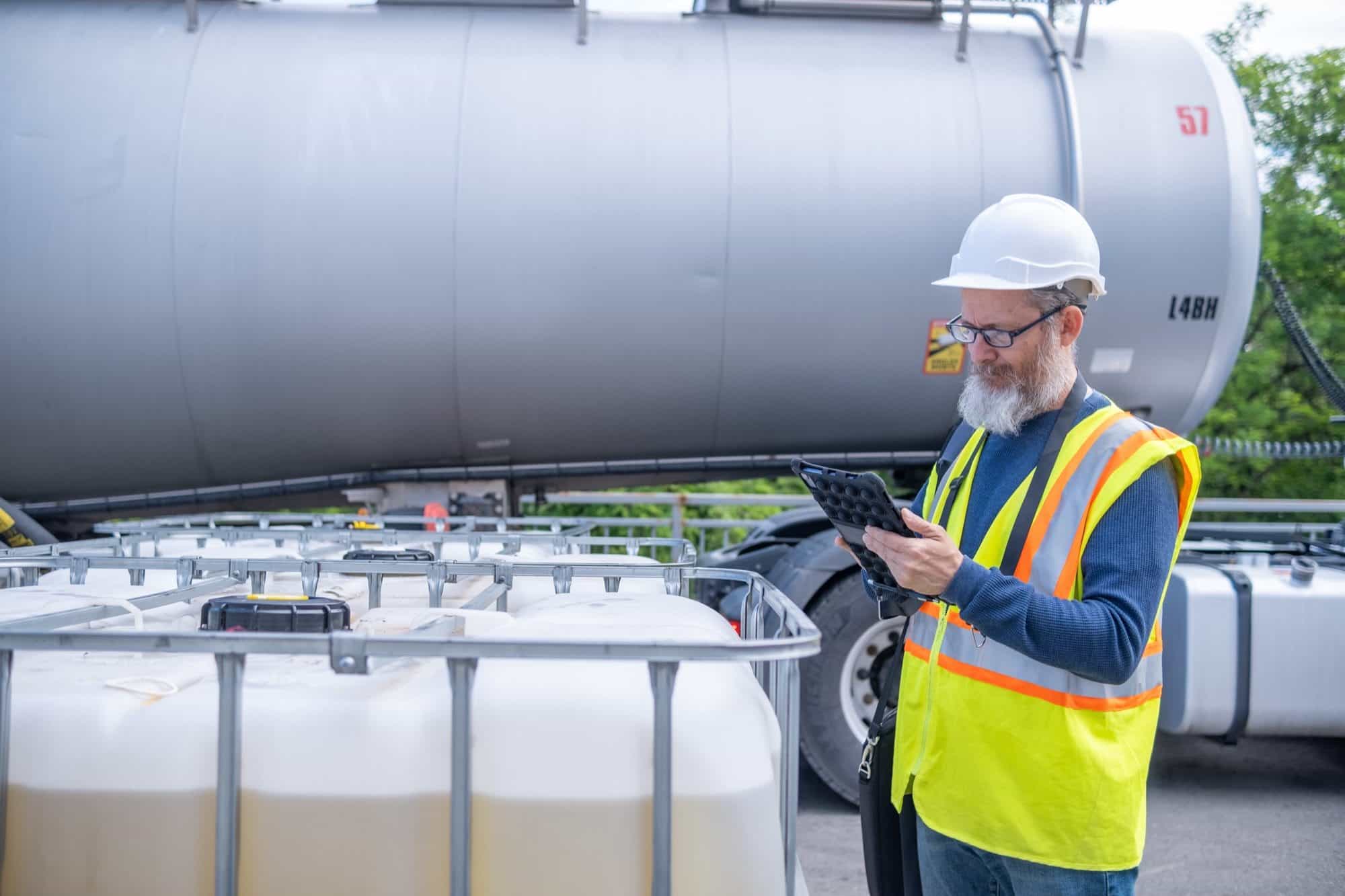 A worker in a hard hat and hi-vis vest checking details on a tablet beside industrial containers A worker in a hard hat and hi-vis vest checking details on a tablet beside industrial containers
